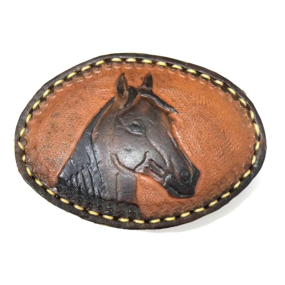 Vintage‎ Tooled Leather Horse Belt Buckle Western Equestrian Brown Oval